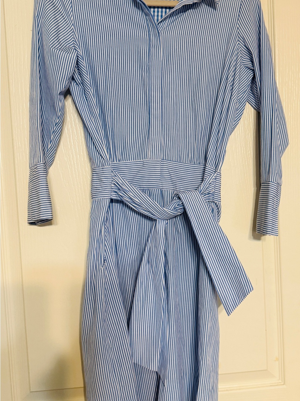 Gretchen Scott Designs Blue and White Striped Midi Shirt Dress with Waist Tie